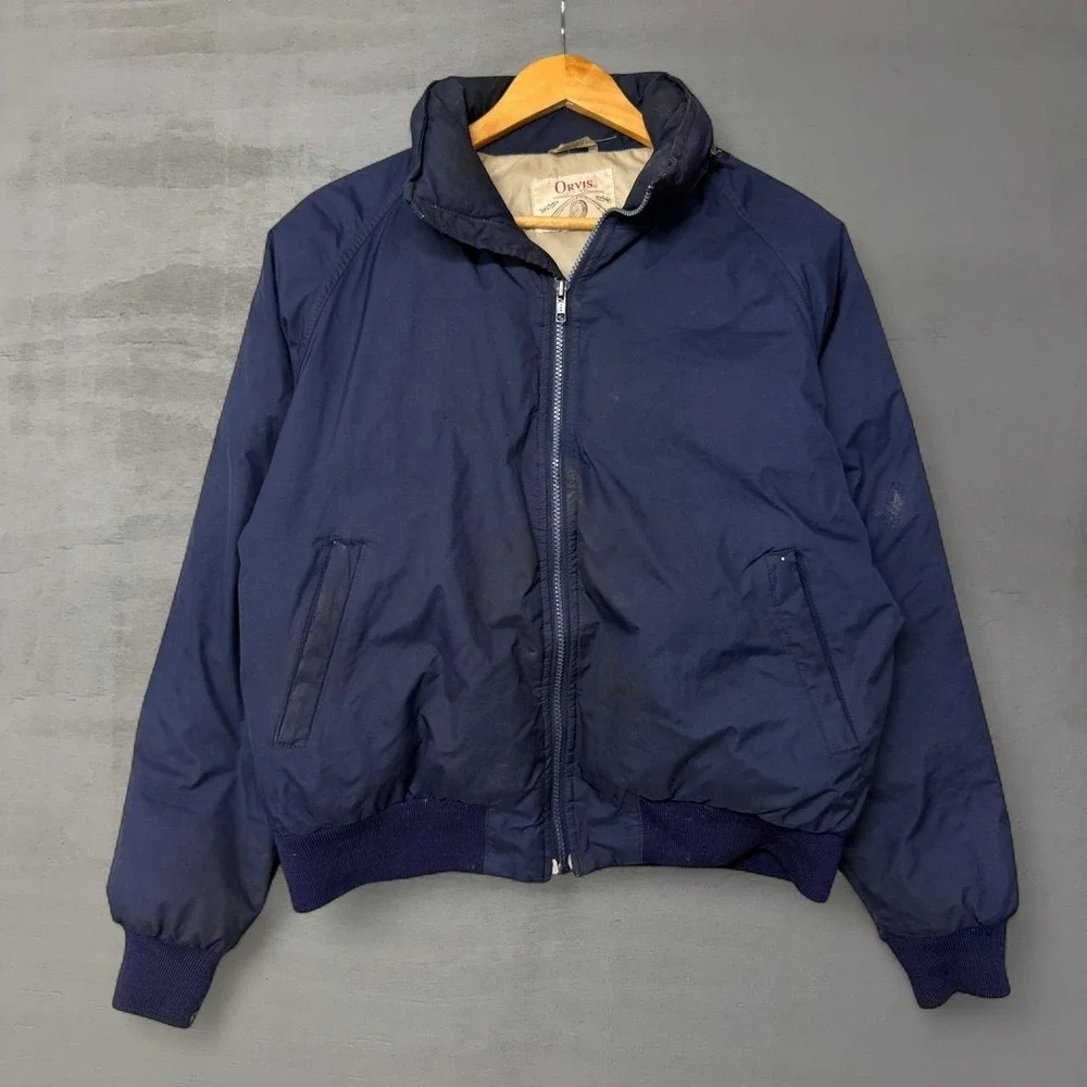 Vintage 80s Orvis Bomber Puff‎ Jacket Blue Full Zip Packable Hood Mens Medium